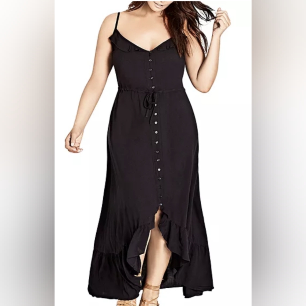 City Chic Black Ruffle-Trim Button-Front Maxi Dress
